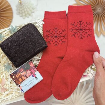 Black Glitter Purse, Festive Socks And Chocolate Christmas Gift For Her With Optional Christmas Tree Candle, 7 of 9