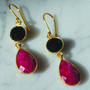 Gem Double Drop Earrings Ruby Chalcedony And Black Onyx, thumbnail 1 of 3