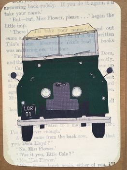 Land Rover On Vintage Book Paper Greeting Card, 3 of 3