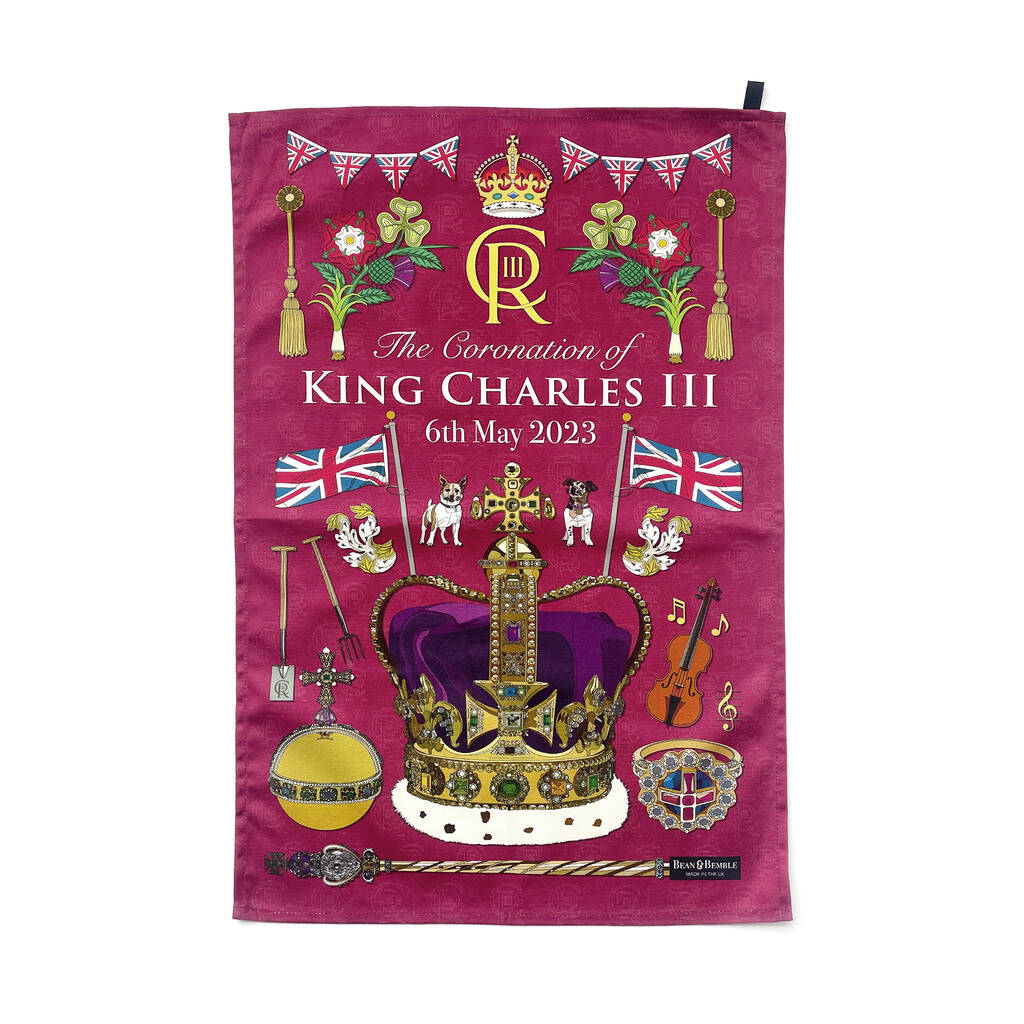 King Charles Coronation Tea Towel Magenta, 1 of 8