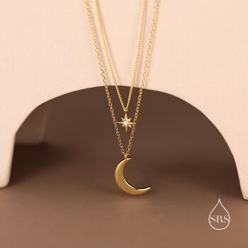 Sterling Silver Two Layer Crescent Moon And Star Pendant Necklace, 6 of 12