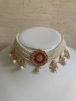Red And White Gold Plated Kundan Pearl Indian Set, 3 of 7