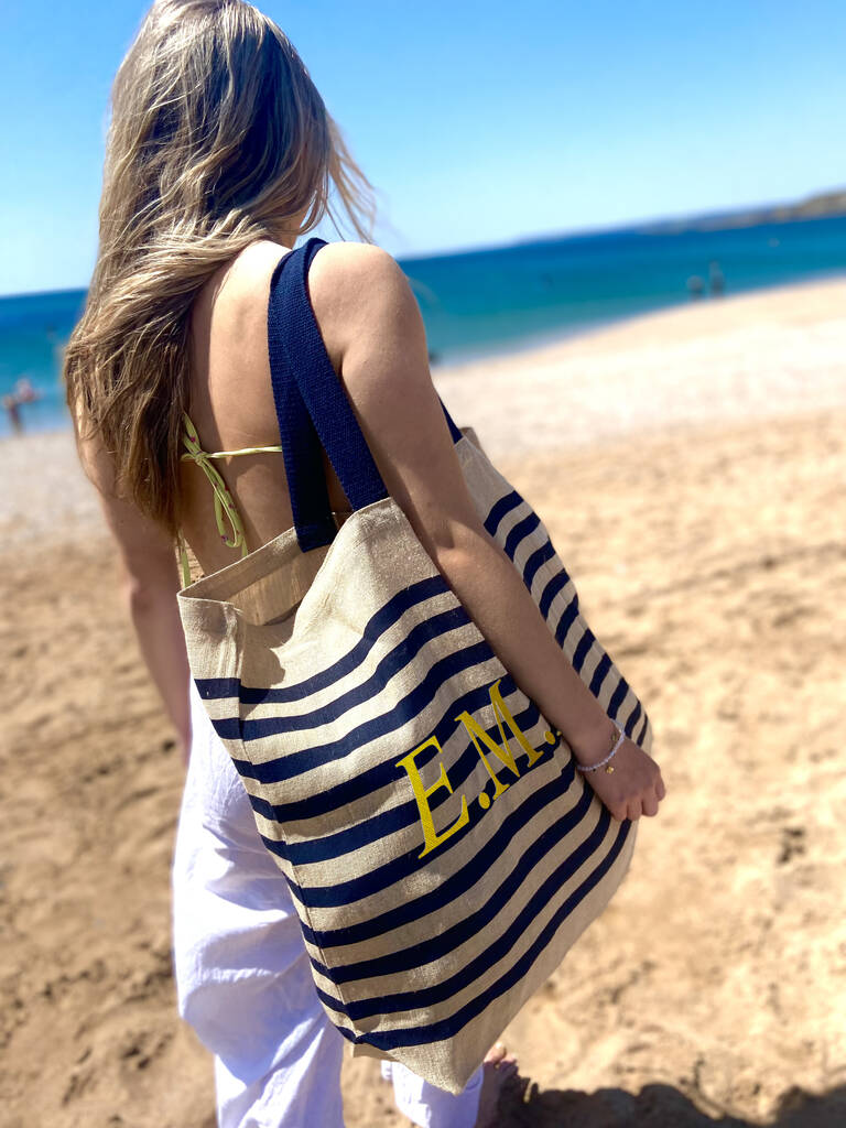 Personalised Stripe Jute Extra Large Beach Bag By The Forest & Co ...