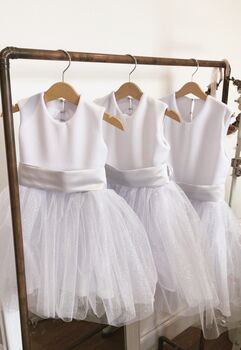 White Glitter Tutu Flower Girl Dress With Silver Bow And Heart Back Wedding And Special Occasion Dress For Girls, 4 of 6