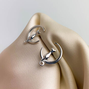 Sterling Silver Cat And Moon Stud Earrings, 3 of 4