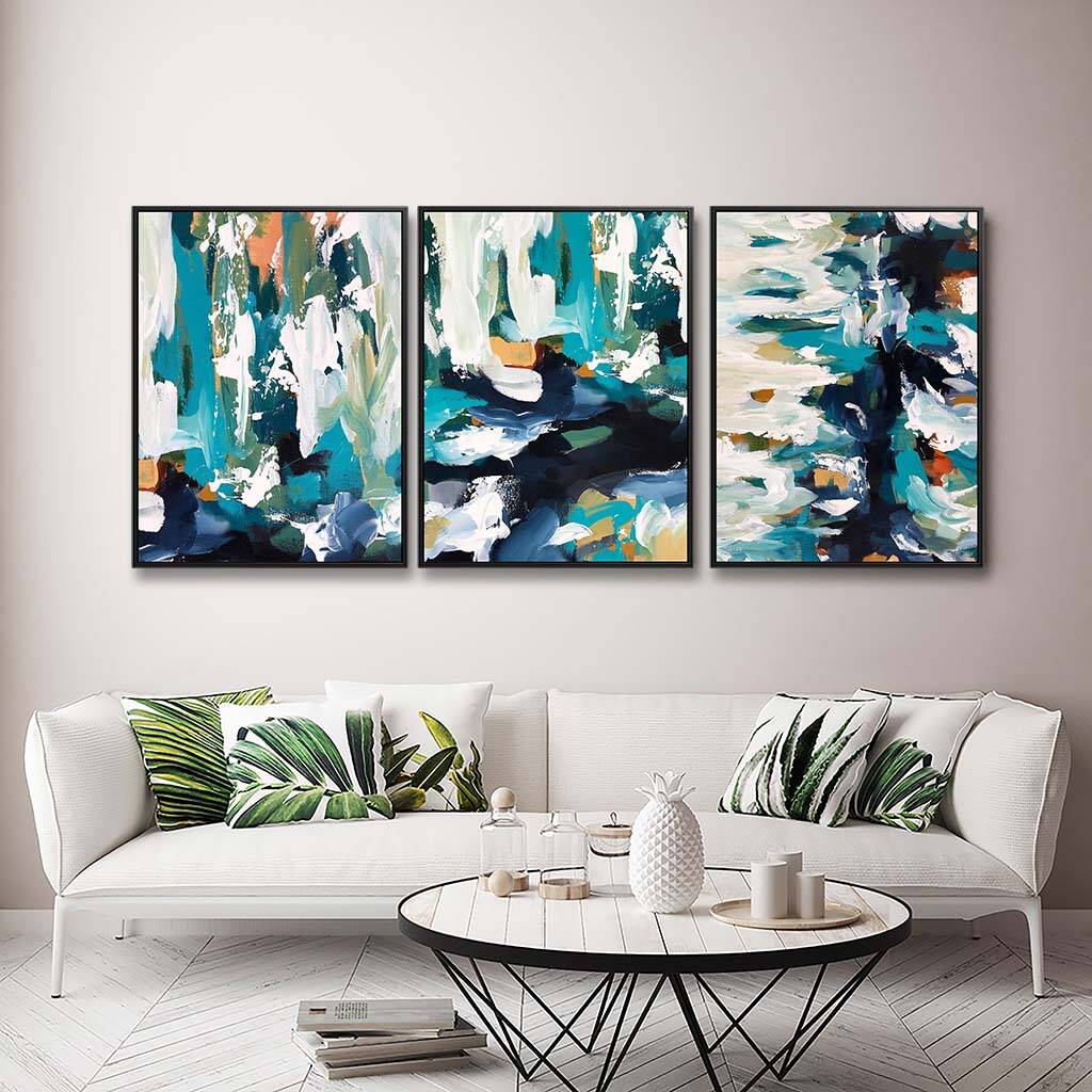 Set Of Three Abstract Teal Canvas Art Prints By Abstract House