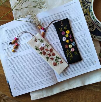 Hand Embroidered Flower On Linen Bookmark, 3 of 11