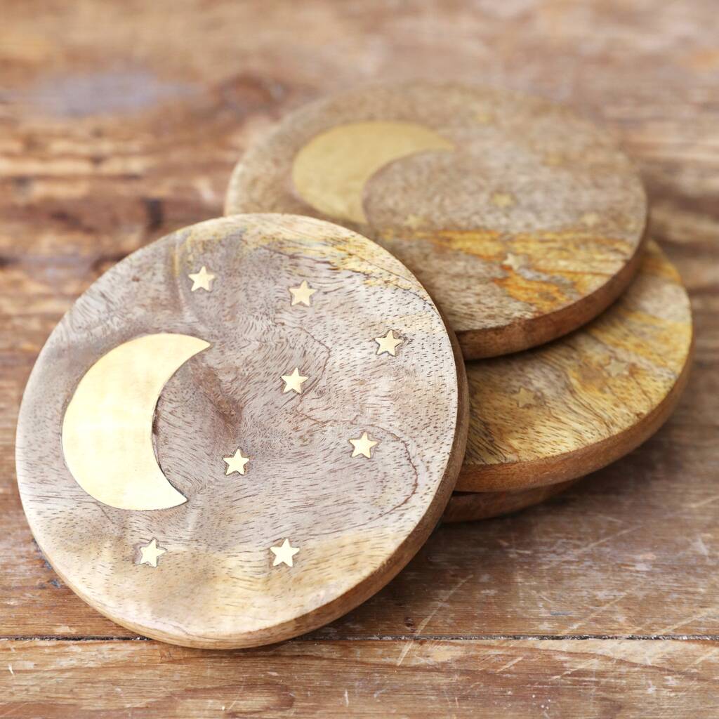 Set Of Four Wooden Crescent Moon Coasters, 1 of 5