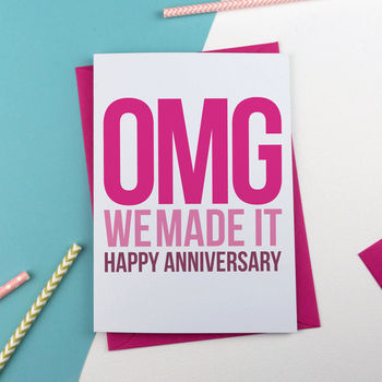 'omg!' happy anniversary card in pink or blue by a is for alphabet ...