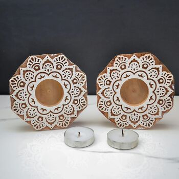 Wooden Flower Tea Light Candle Holder, Set Of Two, 3 of 5