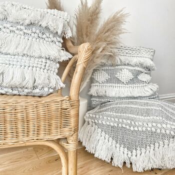 Recycled White Boho Tassel Floor Pouf Cover, 7 of 9