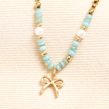Stainless Steel Bow Charm Green Beaded Necklace In Gold Plating, 2 of 4