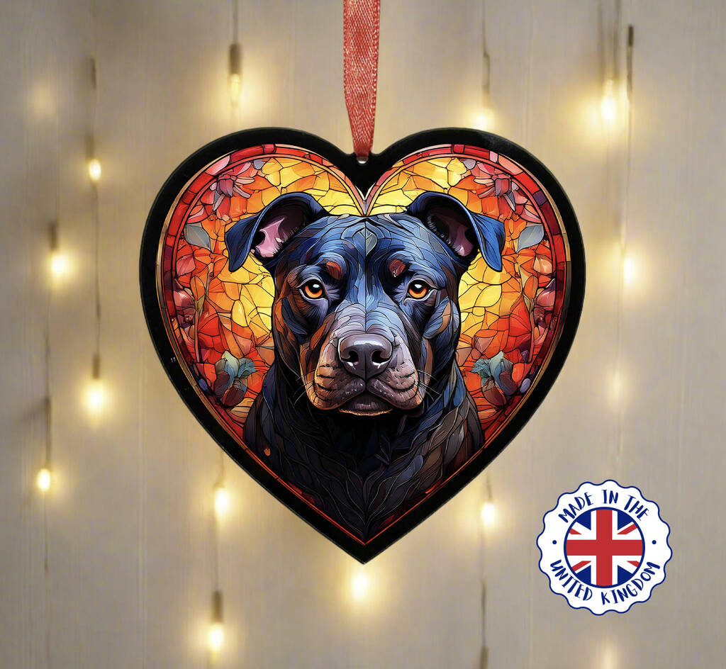 Staffordshire Bull Terrier Stained Glass Effect Heart Suncatcher, 1 of 7