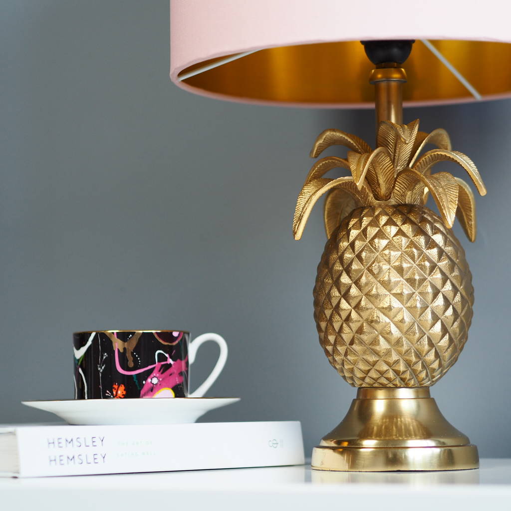 gold brass pineapple table lamp with blush lampshade by quirk