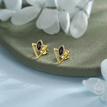 Sterling Silver Triangle And Black Marquise Cz Arrow Stud Earrings, 4 of 12