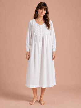 Women's White Cotton Long Sleeve Nightdress Yoke, 2 of 6