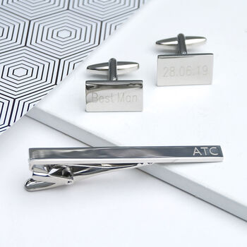 Rose Gold Personalised Cufflinks And Tie Clip Set, 2 of 9