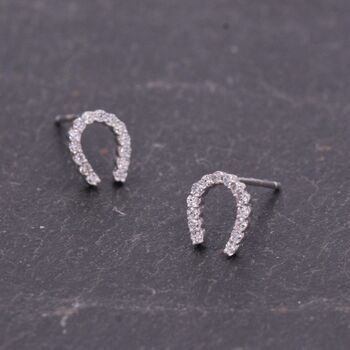 Sterling Silver Horseshoe Stud Earrings With Sparkling Cz Crystals, 3 of 12