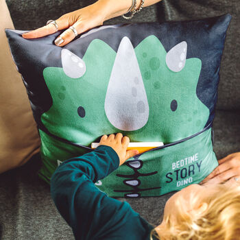 Personalised Story Time Dino Cushion With Pocket, 2 of 3