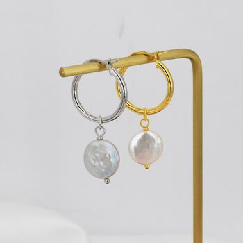 Sterling Silver Coin Baroque Pearl Dangle Creole Hoop Earrings, 2 of 12