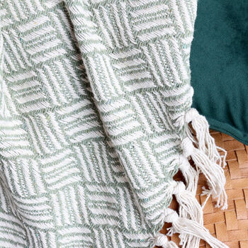 Sage And Ivory Cotton Throw With Tassels, 2 of 2