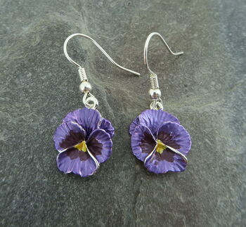 Pansy Purple Flower Drop Earrings, 3 of 4