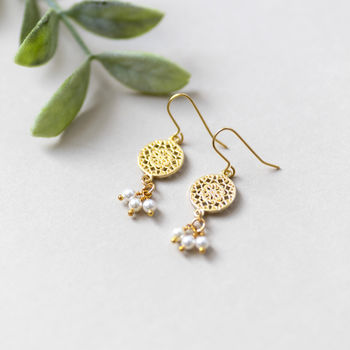 Gold Plated Filigree Earrings With Triple Pearl Drop, 5 of 7