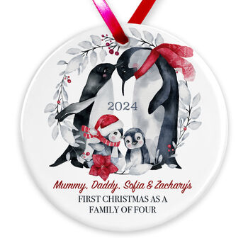 Personalised First Christmas As A Family Of Four Ceramic Penguin Decoration, 2 of 3