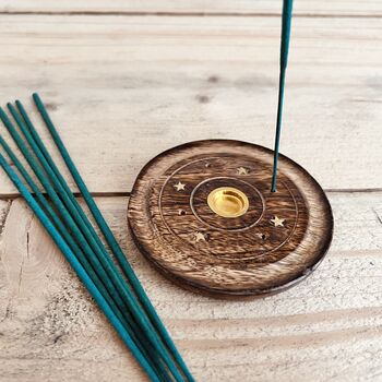 Round Mango Wood Incense Cone Stick Holder Ash Catcher, 2 of 7