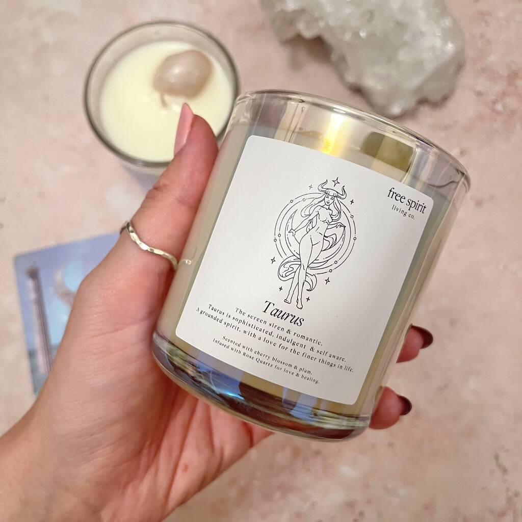 Taurus Rose Quartz Crystal Candle By Free Spirit Living Co