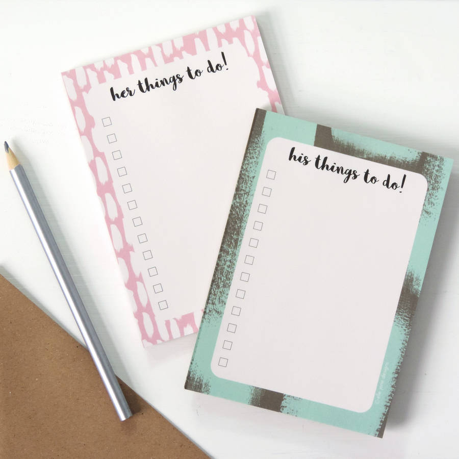 His And Her 'Things To Do' Notepads By Elle Jane Designs
