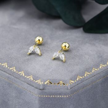 Sterling Silver Cz Marquise Leaf Screwback Earrings, 5 of 11