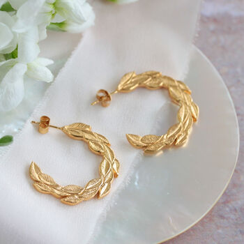 Willow Leaf Gold Hoop Earrings, 8 of 9