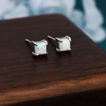 White Opal Square Stud Earrings In Sterling Silver, 3 of 12