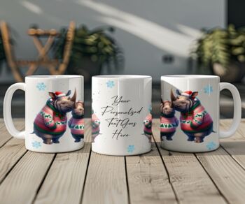 Personalised Rhino Love Couple In Christmas Jumpers Mug, 2 of 2