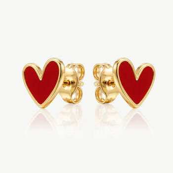 Gold Red Enamel Heart Stud Earrings, 3 of 6