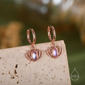 Sterling Silver Lotus Flower Huggie Hoop Earrings With Lab Moonstone, 5 of 11