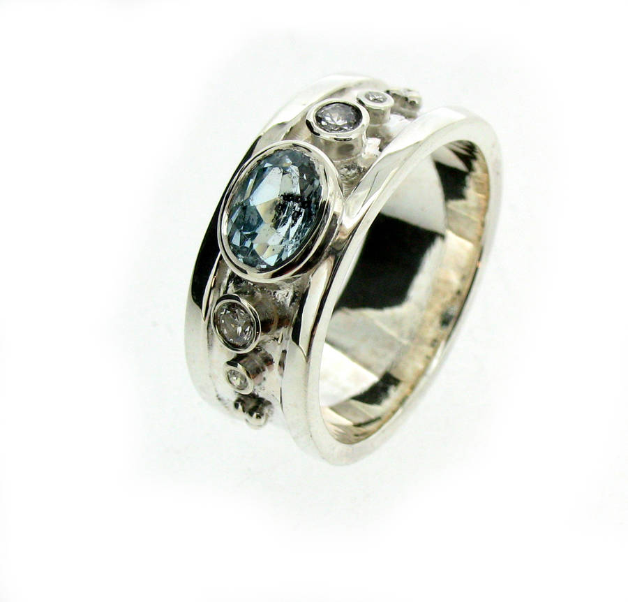 Silver Blue Topaz And Cubic Zirconia Drum Ring, 1 of 4