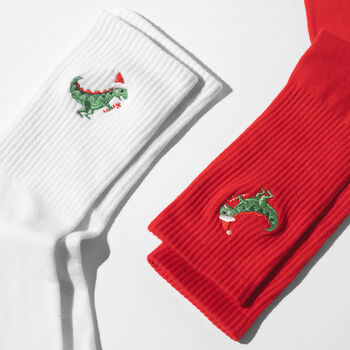 Christmas Dinosaur Embroidered Crew Socks, 3 of 7