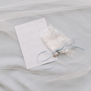 Personalised Mother Of Pearl Lace Tie Style Wedding Garter, 8 of 10