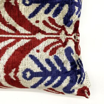 Oblong Velvet Ikat Cushion Red And Navy Abstract, 5 of 11