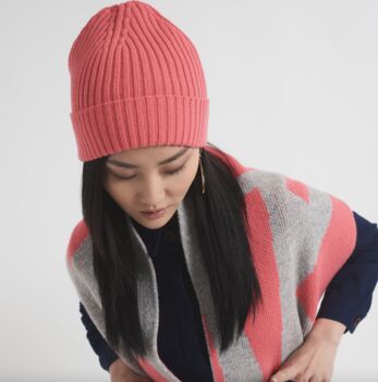 Miss Pompom Coral Wool Ribbed Beanie, 3 of 4