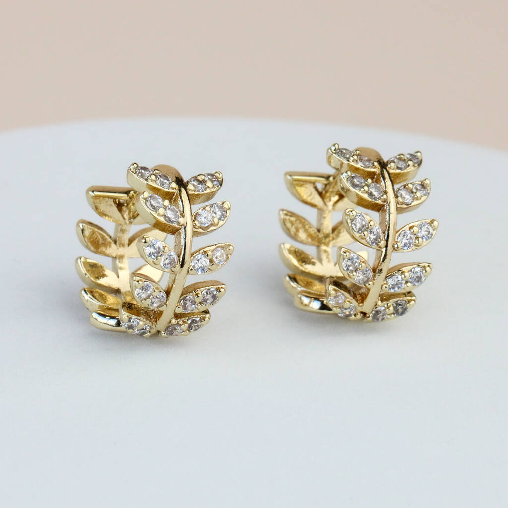 Gold Leaf Vine Hoop Earrings With Tiny White Crystal Circle Earrings, 1 of 3