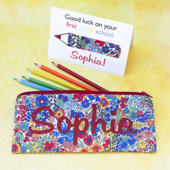 Personalised Liberty Pencil Case And Card First Day Of School Gift, 2 of 6