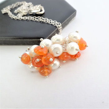 Carnelian And Pearl Cluster Silver Necklace, 2 of 4