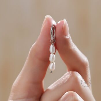 Sterling Silver Natural Oval Pearl Trio Huggie Hoop Earrings, 7 of 11