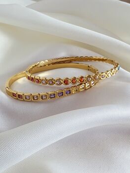 Bezel Set Coloured Gemstone Hinged Bangle In 18k Gold On Stainless Steel, Waterproof Jewellery, 7 of 11