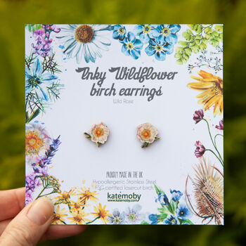 Inky Wild Rose Wildflower Birch Stud Earrings, 9 of 11