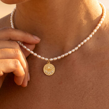Beaded Freshwater Pearl Evil Eye Necklace, 2 of 7