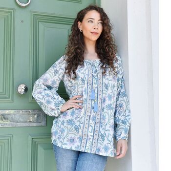 Block Printed Lilac Floral Cotton Blouse 'Cassidy', 2 of 5